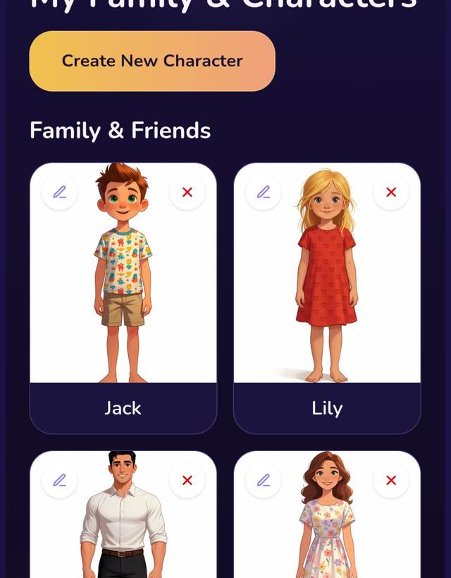 Character library showing Jack, Lily, and their parents